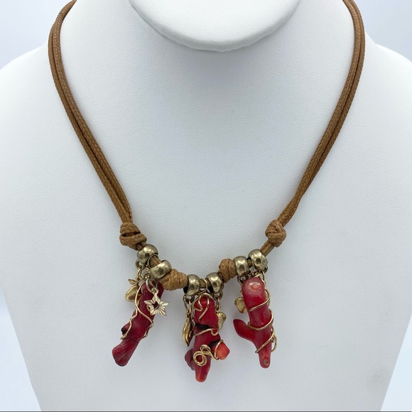 Artisan Red Coral Branch Gold Tone Charm Cord Handcrafted Necklace - Picture 7 of 12